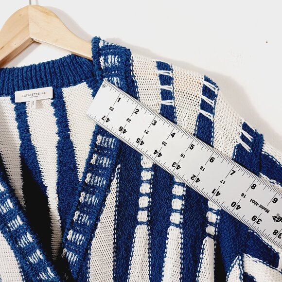 Lafayette 148 New York Cotton & Silk Cardigan, Blue & White Geometric, Size MED - Picture 11 of 14